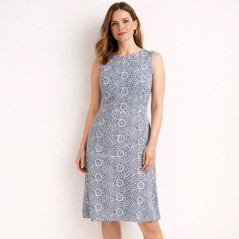 Brooks Brothers Petite Blue Embroidered Floral Cotton Sheath Dress 8P Sleeveless